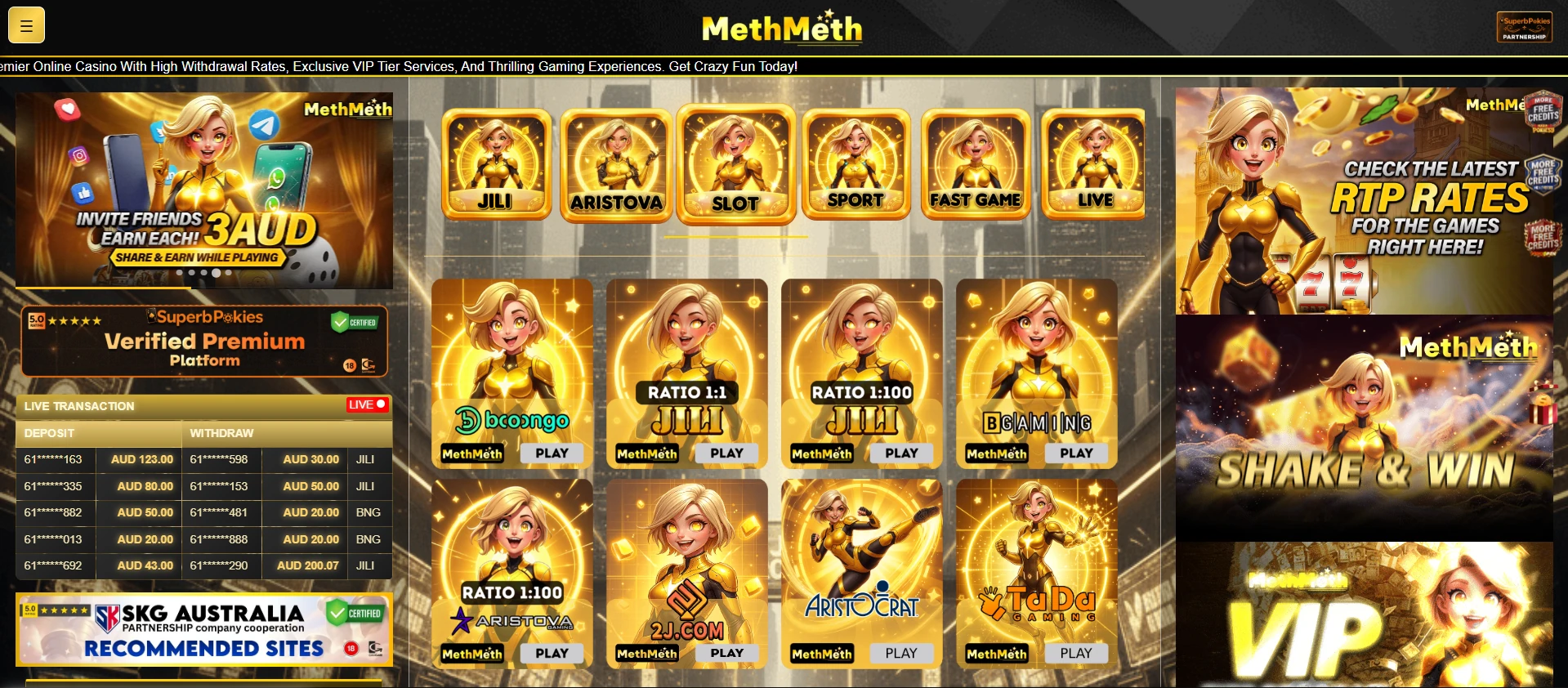 MethMeth game lobby with rows of game icons